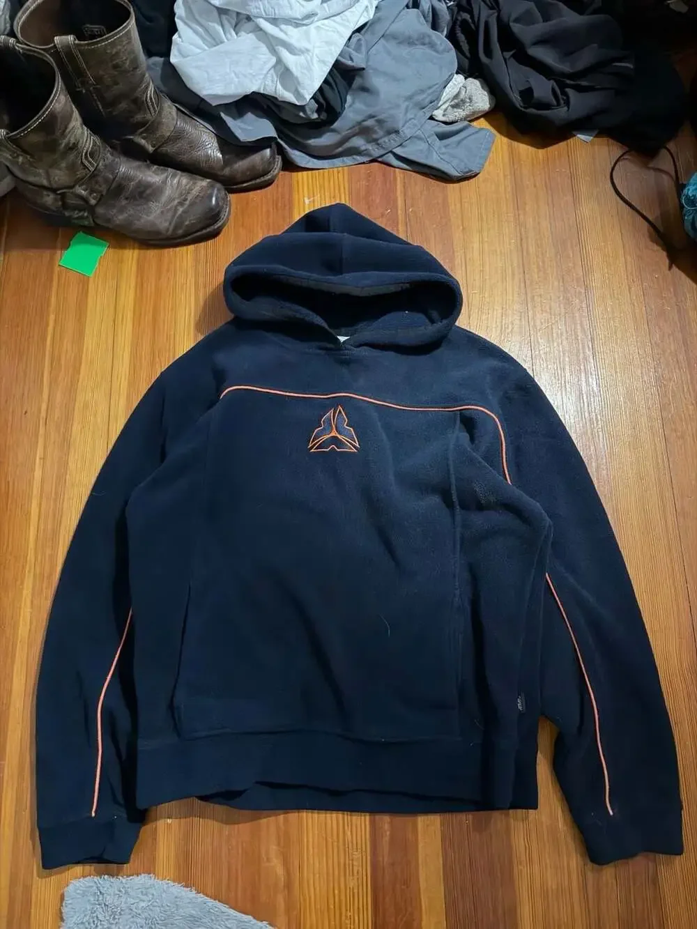 Vintage Old Navy Navy Blue Fleece Hoodie with Orange Trim and Triangle Logo
